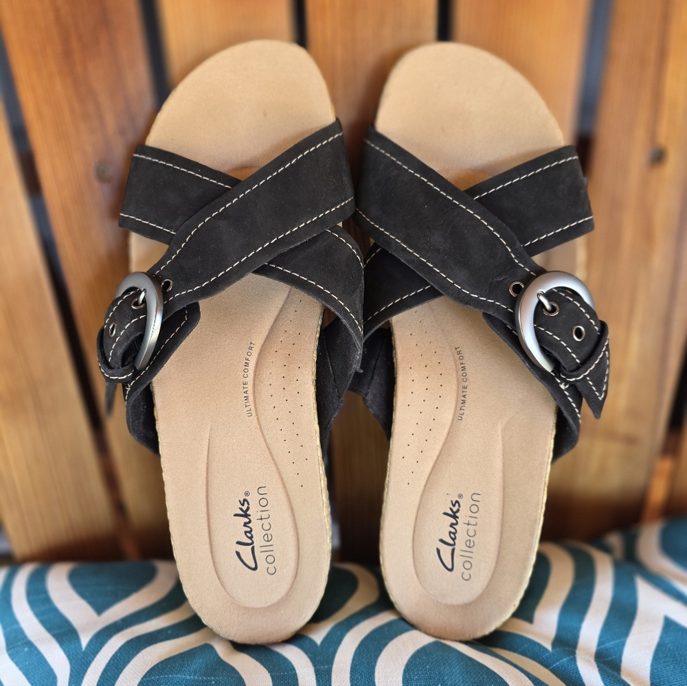 Clarks Black Suede Buckle Reileigh May Sandals